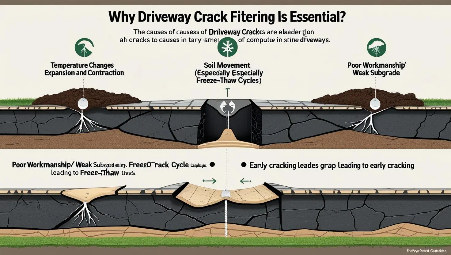 Why Driveway Crack Filling Is Essential The Causes of Driveway Cracks Driveways crack for many reasons. Changes in temperature cause expansion and contraction in the materials, creating stress. Soil movement, especially in areas with freeze-thaw cycles, pushes and pulls on the surface. Poor workmanship during installation or a weak subgrade can also lead to early damage. For example, a driveway that was poorly compacted can start cracking within just a few years of paving.