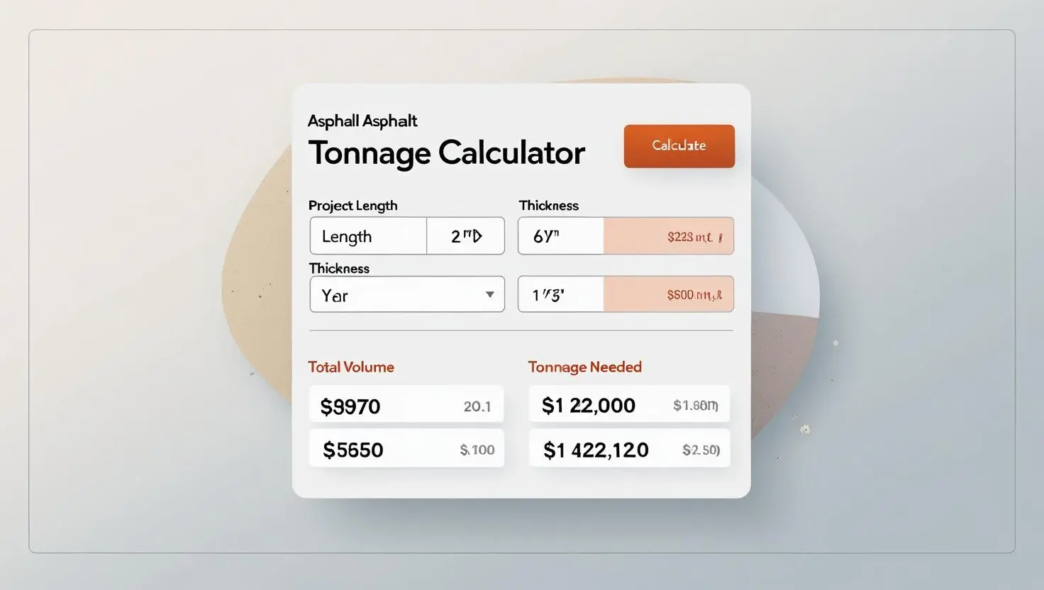 How to Use an Asphalt Tonnage Calculator Online Digital calculators simplify everything. Just plug in your: Project length Project width Thickness in inches Then hit “calculate.” The calculator will give you: Total volume (in cubic feet or yards) Tonnage needed Estimated material cost (if cost per ton is entered) Use the free asphalt tonnage calculator tool here.