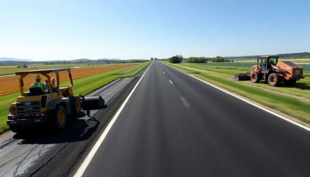 Asphalt Paver Laying Down Fresh Blacktop on a Road